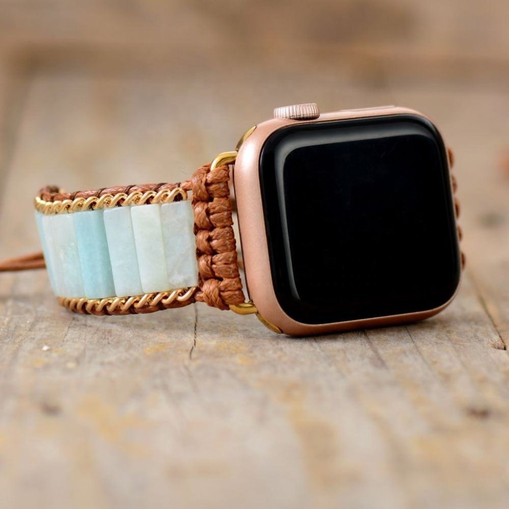 Natural Amazonite Leather Wrap Strap Braided Watch Band for 38 40mm Apple iWatch
